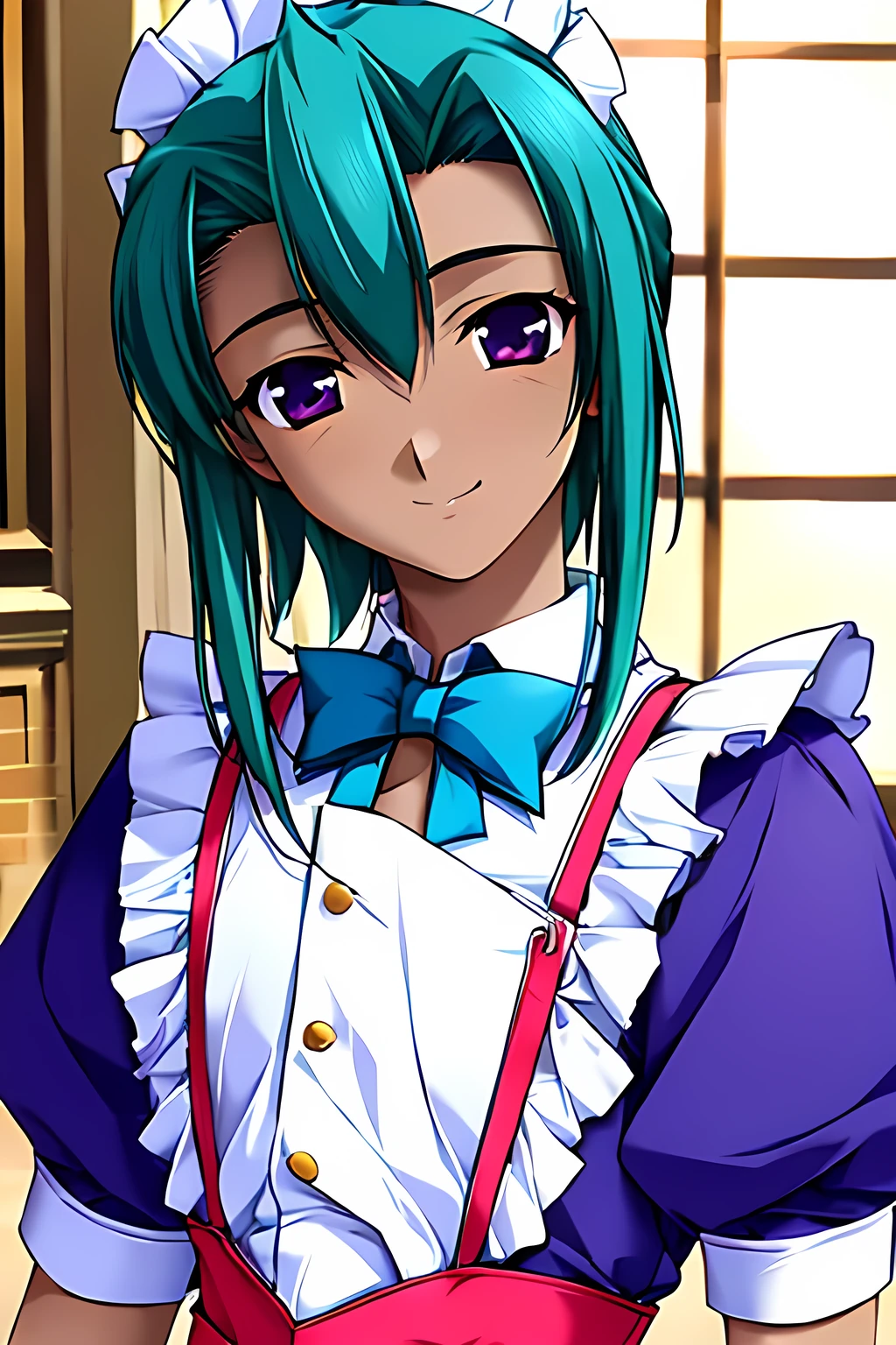 ((masterpiece, high quality, best quality)), (((solo male))), {{blue maid outfit}}, {medium length hair, green hair, pink eyes}, ((dark skin)), smile, upper body, dynamic angle