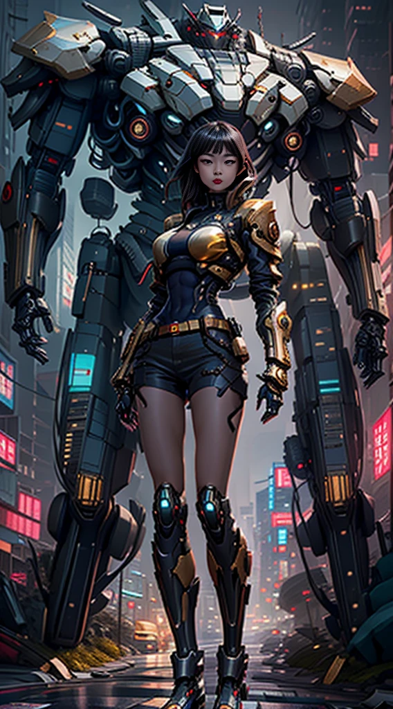 Boutique,best quality,Gold jewelry,(slip out feet),Fairy skin,(Fidelity :1.2),Standing,Super Detailed,realistic,High quality,Movie Light,Ray tracking,Ultra HD,Upper body
Girl in shorts and jacket standing next to giant black  robot, Guweiz style artwork, CyberPunk mech, Trends on CGSTATION, Guweiz, Russell Dongjun Lu, digital cyberpunk anime art, Ross Tran 8 K, Guweiz on ArtStation Pixiv, black ebony  Girl in mecha network armor