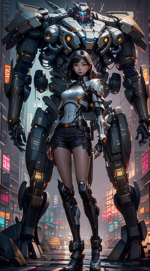 Boutique,best quality,Gold jewelry,(slip out feet),Fairy skin,(Fidelity :1.2),Standing,Super Detailed,realistic,High quality,Movie Light,Ray tracking,Ultra HD,Upper body
Girl in shorts and jacket standing next to giant black robot, Guweiz style artwork, CyberPunk mech, Trends on CGSTATION, Guweiz, Russell Dongjun Lu, digital cyberpunk anime art, Ross Tran 8 K, Guweiz on ArtStation Pixiv, black ebony Girl in mecha network armor