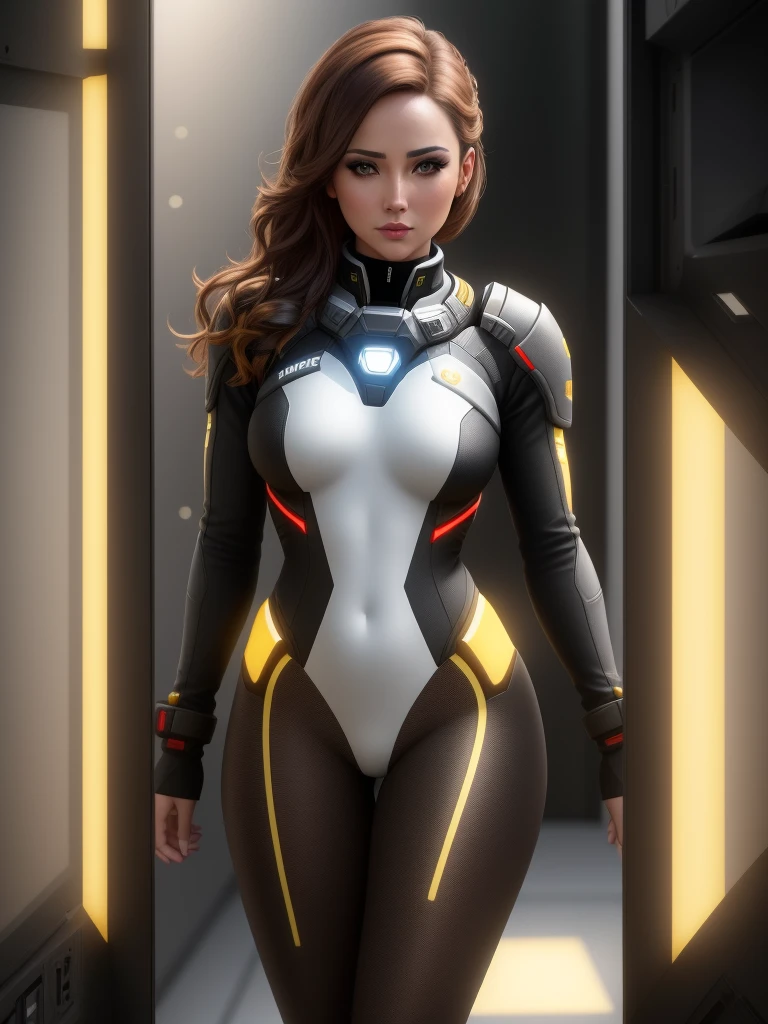 a woman in a black tight bunnysuit with yellow accents, brown hair, beautiful detailed gray eyes, square jawline, asymmetric face, standing in front of a window on a space ship, (best quality,8k,highres,masterpiece:1.2),ultra-detailed,(realistic,photorealistic,photo-realistic:1.37),HDR,UHD,studio lighting,ultra-fine painting,sharp focus,physically-based rendering,extreme detail description,professional,vivid colors,bokeh,mass effect,close up,fking_cinema_v2