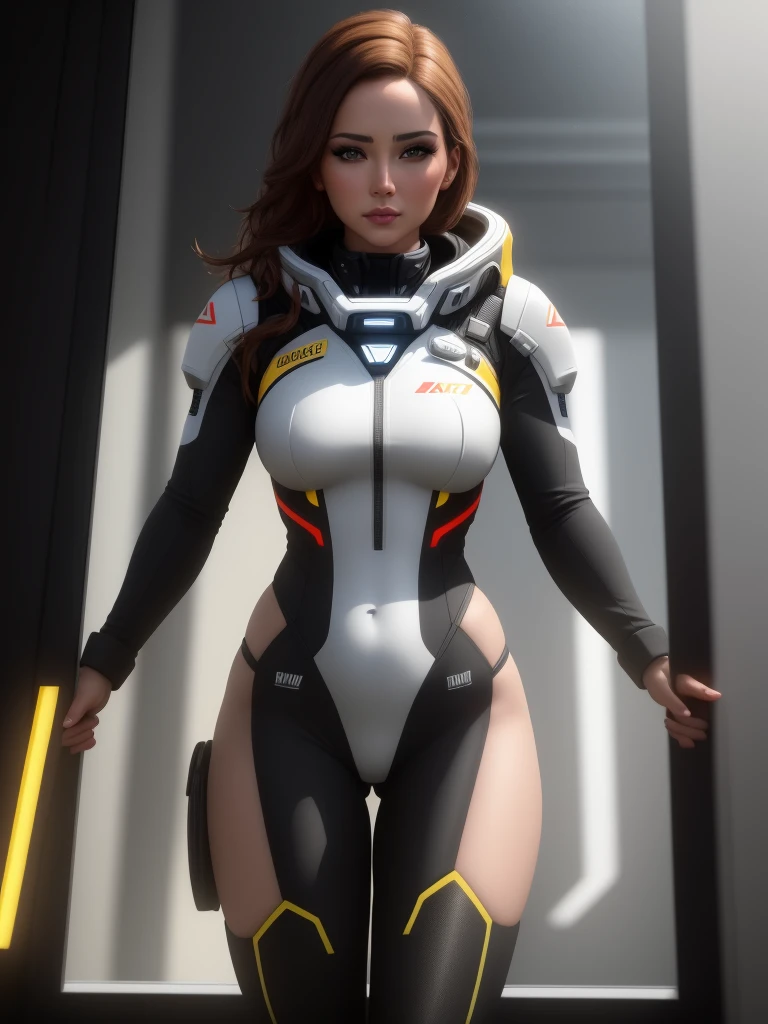 a woman in a black tight bunnysuit with yellow accents, brown hair, beautiful detailed gray eyes, square jawline, asymmetric face, standing in front of a window on a space ship, (best quality,8k,highres,masterpiece:1.2),ultra-detailed,(realistic,photorealistic,photo-realistic:1.37),HDR,UHD,studio lighting,ultra-fine painting,sharp focus,physically-based rendering,extreme detail description,professional,vivid colors,bokeh,mass effect,close up,fking_cinema_v2