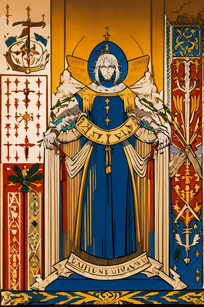 flagmaker, medieval knight group, the flag representing Crucifixus, Experrectus, Reanimatus or The Crucified, The Awakened, And The Reanimated.