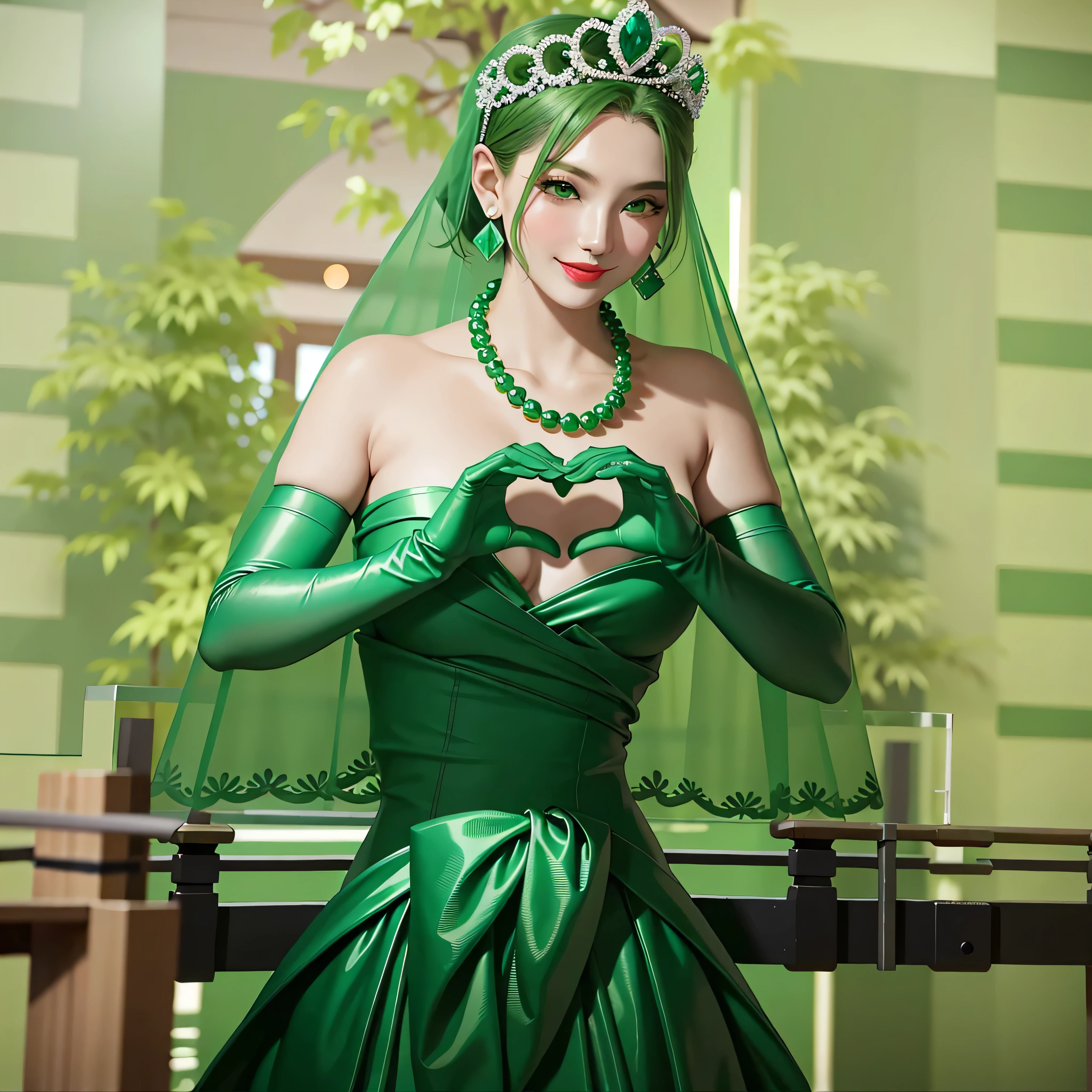 Emerald tiara, Green Pearl Necklace, Boyish very short green hair, Green Lips, Smiling Japanese woman, Very short hair, Busty beautiful lady, Green Eyes, Green satin long gloves, Green Eyes, Emerald Earrings, Green veil, Heart with both hands, Green Hair, Beautiful Japanese Women, Heart shaped hands:1.3, green lip gloss
