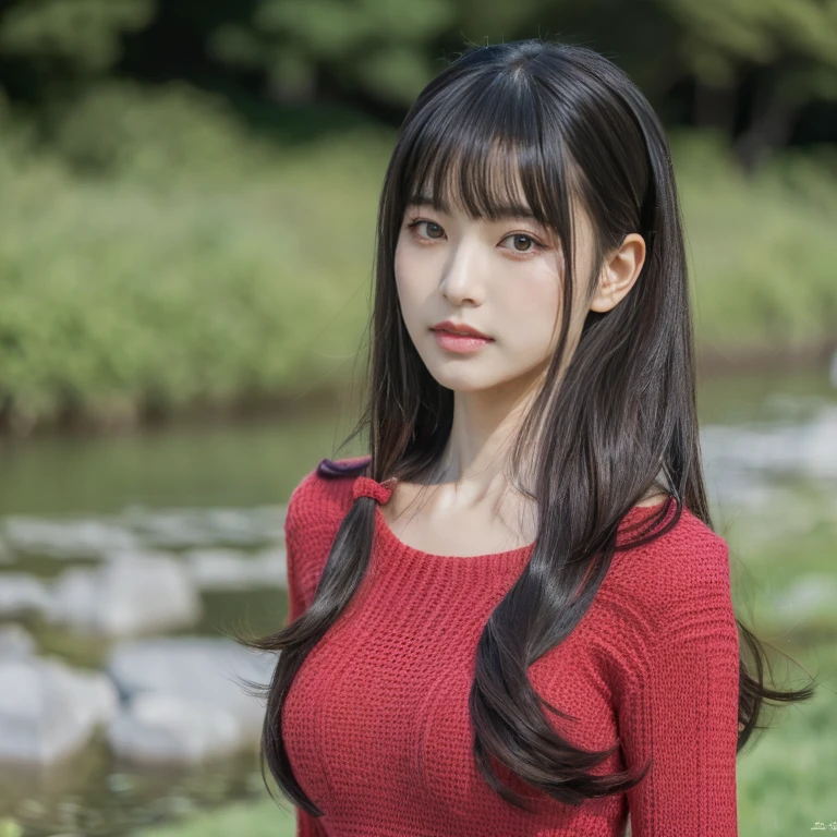Japanese girl,looking at viewer,), (Highest quality:1.4 3 D 8K, 45,000,000,000 pixels,),(Masterpiece:1.3),(sharp focus:1.2),Japanese girl, (Highest quality:1.4),(Masterpiece:1.3),(sharp focus:1.2), (Virtual image:1.4),(Beautiful woman in perfect style:1.4) , Long ponytail with bangs like Lisa's.),glowing face,full body photo,(Red cheeks:1.3), Standing and walking outdoors in the countryside