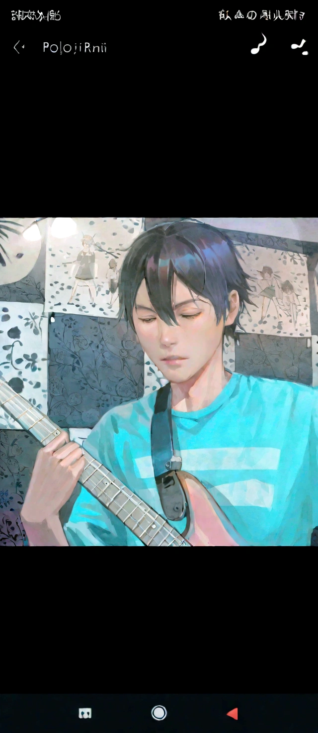 there is a man playing a guitar in a room, guitar solo, ramil sunga, bassist, inspired by David Diao, inspired by Willie Ito, phong yintion j - jiang geping, guitarist, inspired by Oka Yasutomo, hoang long ly, john jude palencar, dang my linh, jamming to music