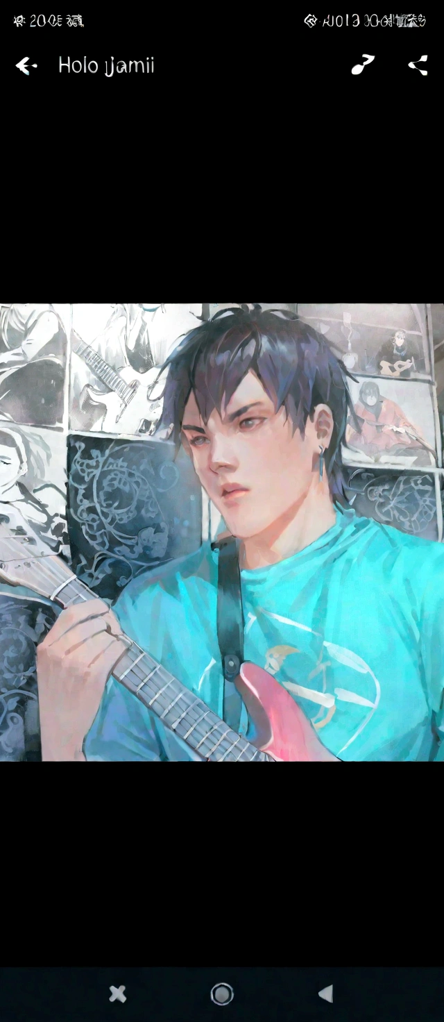there is a man playing a guitar in a room, guitar solo, ramil sunga, bassist, inspired by David Diao, inspired by Willie Ito, phong yintion j - jiang geping, guitarist, inspired by Oka Yasutomo, hoang long ly, john jude palencar, dang my linh, jamming to music