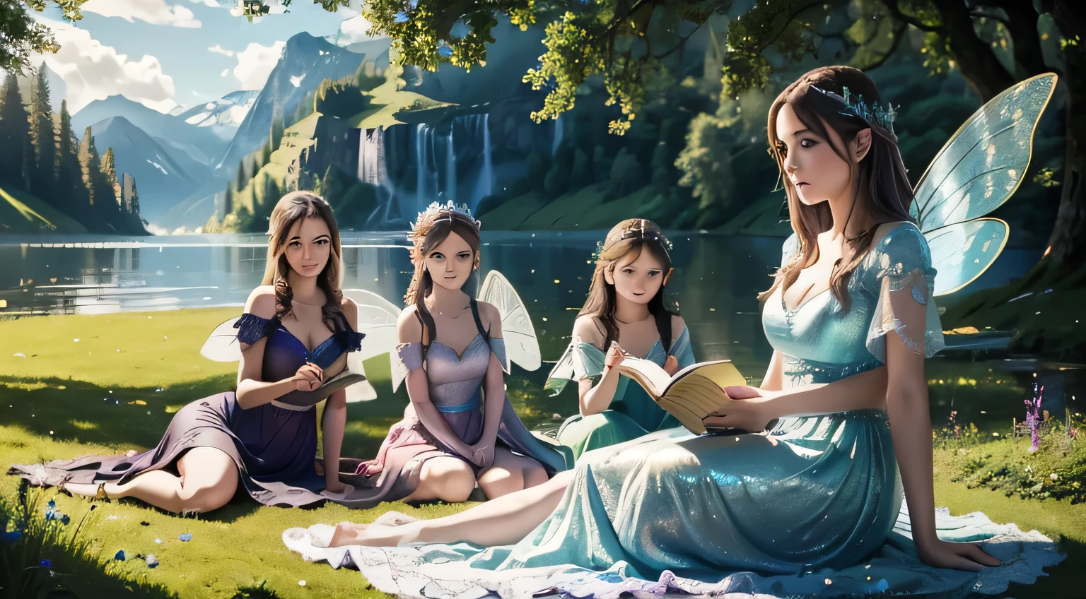 a group of fairies lying on grass near enchanted lake, picnicking on sunny day, reading books, watching nearby animals, (best quality,4k,8k,highres,masterpiece:1.2),ultra-detailed,(realistic,photorealistic,photo-realistic:1.37),highly detailed fairies, intricate fairy wings, beautiful detailed eyes,beautiful detailed lips,extremely detailed eyes and face,longeyelashes,fairy dresses, peaceful atmosphere, vibrant colors,natural lighting,fantasy landscape,idyllic scene