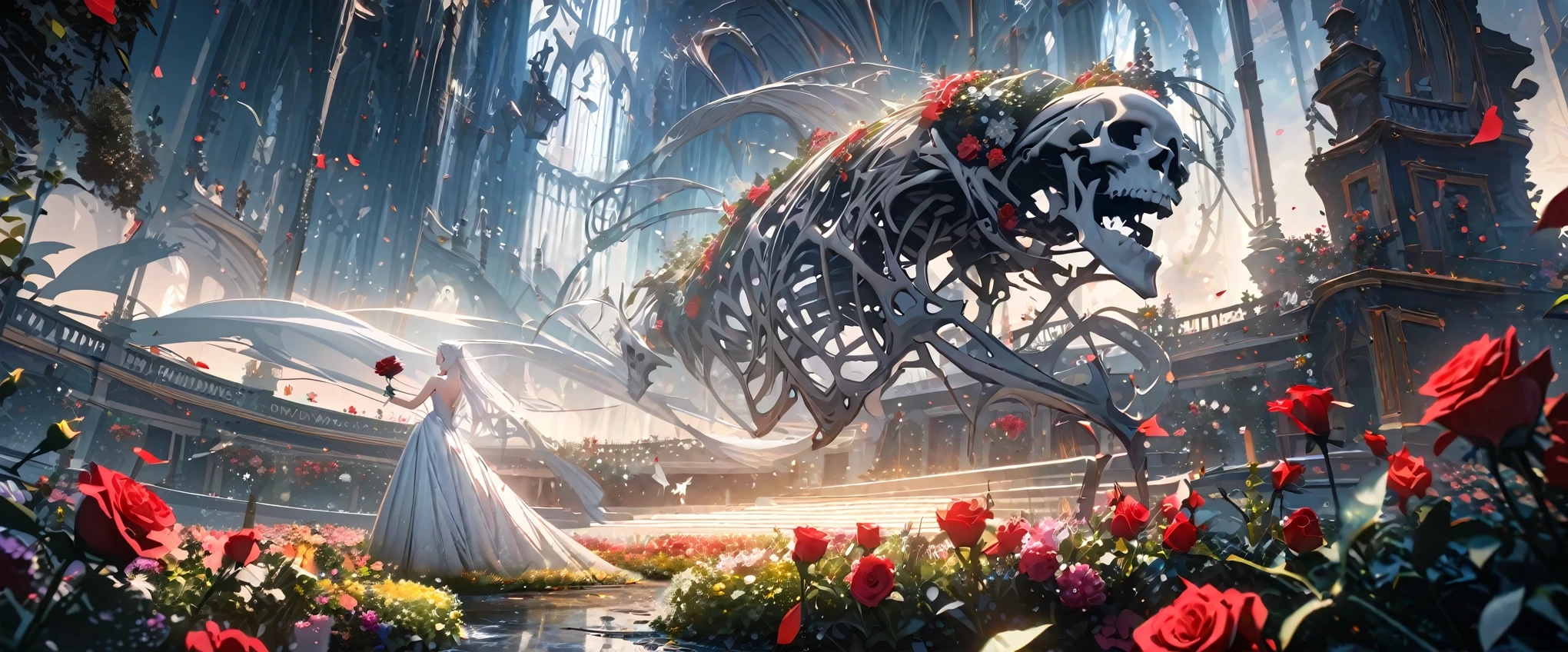  ultra detailed, green and white pallete, flower garden, dark night, (ghost of beautiful woman, long white hair, skeleton makeup, transparent body, flying, red rose in hand, disappering, white wedding dress), digital art, wide shot, atmospheric perspective, perspective, 8k, highres, HD, 4K, best quality, award winning, high quality, super detail, accurate, masterpiece, UHD