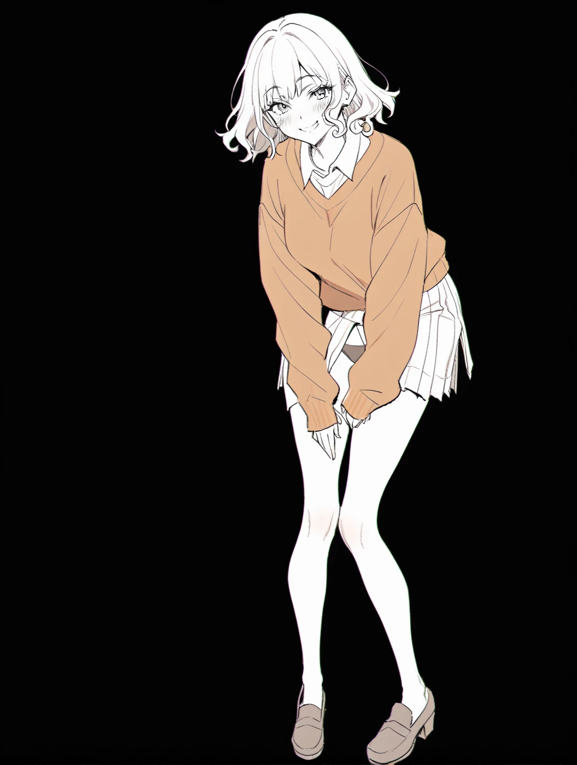 {{{sincos (sincos), no human, full body}}}, 1 girl, beautiful face, smiling, curly black short hair, showing off her panties slightly, skirt and sweater, looking at viewer, white background, blank background.