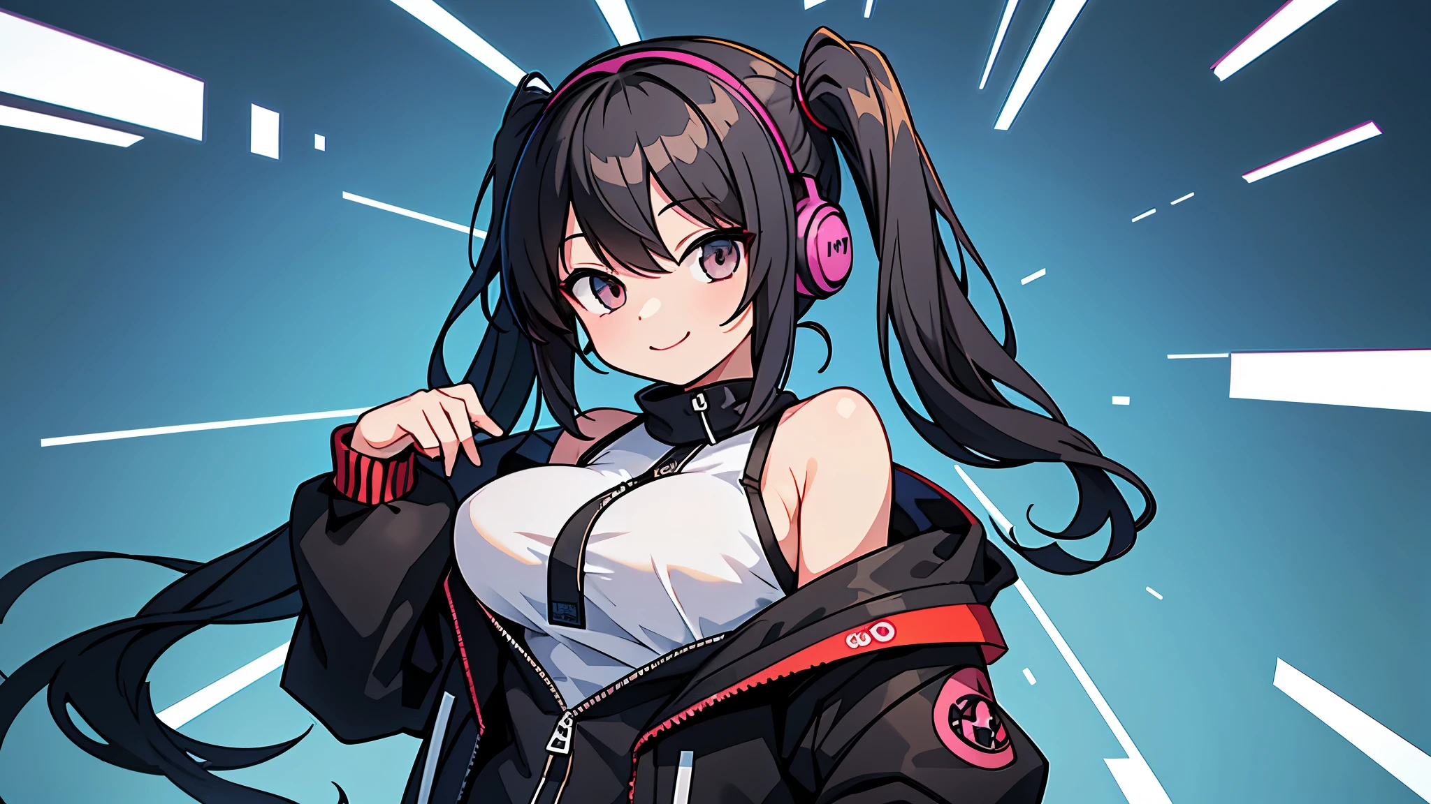 masterpiece,anime style,chibi,sexy girl,black hair,shoulder length hair with two pigtails,black jacket,with headphones,lo fi background,smiling,big breasts,listening to music,waiting on the right side of the image,
