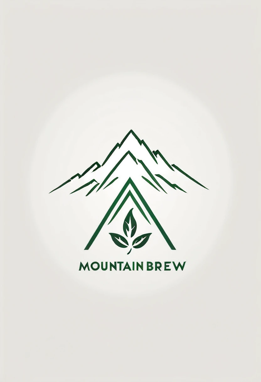 Design a minimalist logo that combines a tea leaf or plant with a stylized mountain range. Use a simple white background and a refined palette of greens and browns to represent the natural and organic origins. Clean lines and gradients should be used to add depth. The brand name 'Mountain Brew Coffee' should be displayed in a sleek, modern font, ensuring it fits seamlessly within the logo.