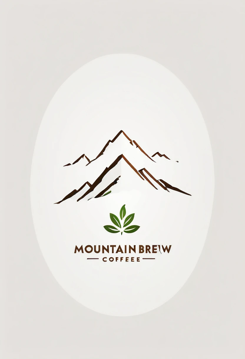 Design a minimalist logo that combines a tea leaf or plant with a stylized mountain range. Use a simple white background and a refined palette of greens and browns to represent the natural and organic origins. Clean lines and gradients should be used to add depth. The brand name 'Mountain Brew Coffee' should be displayed in a sleek, modern font, ensuring it fits seamlessly within the logo.