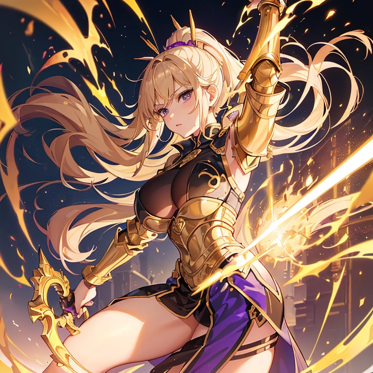 {{Absurdres, best quality}}
1woman {{army, purple knights}}, (epic, aesthetic, perfect, glorious, intricate:1.2), (depth of field:1.4), (beautiful, 40 years old woman) (golden bulky armor, long white cloak), cinematic shot, strong lighting, (1woman, solo:1.4), (perfect female form, perfect face, thin lips, calm, serious, imponent, eyeliner), (blonde hair, tied in long thick ponytail), (big natural breasts under golden armor, narrow waists under golden armor), standing in foot (waering golden thick boots), holding a fire long sword with her left hand far of a silver castle, surrounded by knights in uniformed purple and gold armors, (cowboy shot)