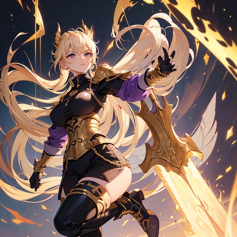 {{Absurdres, best quality}}
1woman {{army, purple knights}}, (epic, aesthetic, perfect, glorious, intricate:1.2), (depth of field:1.4), (beautiful, 40 years old woman) (golden bulky armor, long white cloak), cinematic shot, strong lighting, (1woman, solo:1.4), (perfect female form, perfect face, thin lips, calm, serious, imponent, eyeliner), (blonde hair, tied in long thick ponytail), (big natural breasts under golden armor, narrow waists under golden armor), standing in foot (waering golden thick boots), holding a fire long sword with her left hand far of a silver castle, surrounded by knights in uniformed purple and gold armors, (cowboy shot)