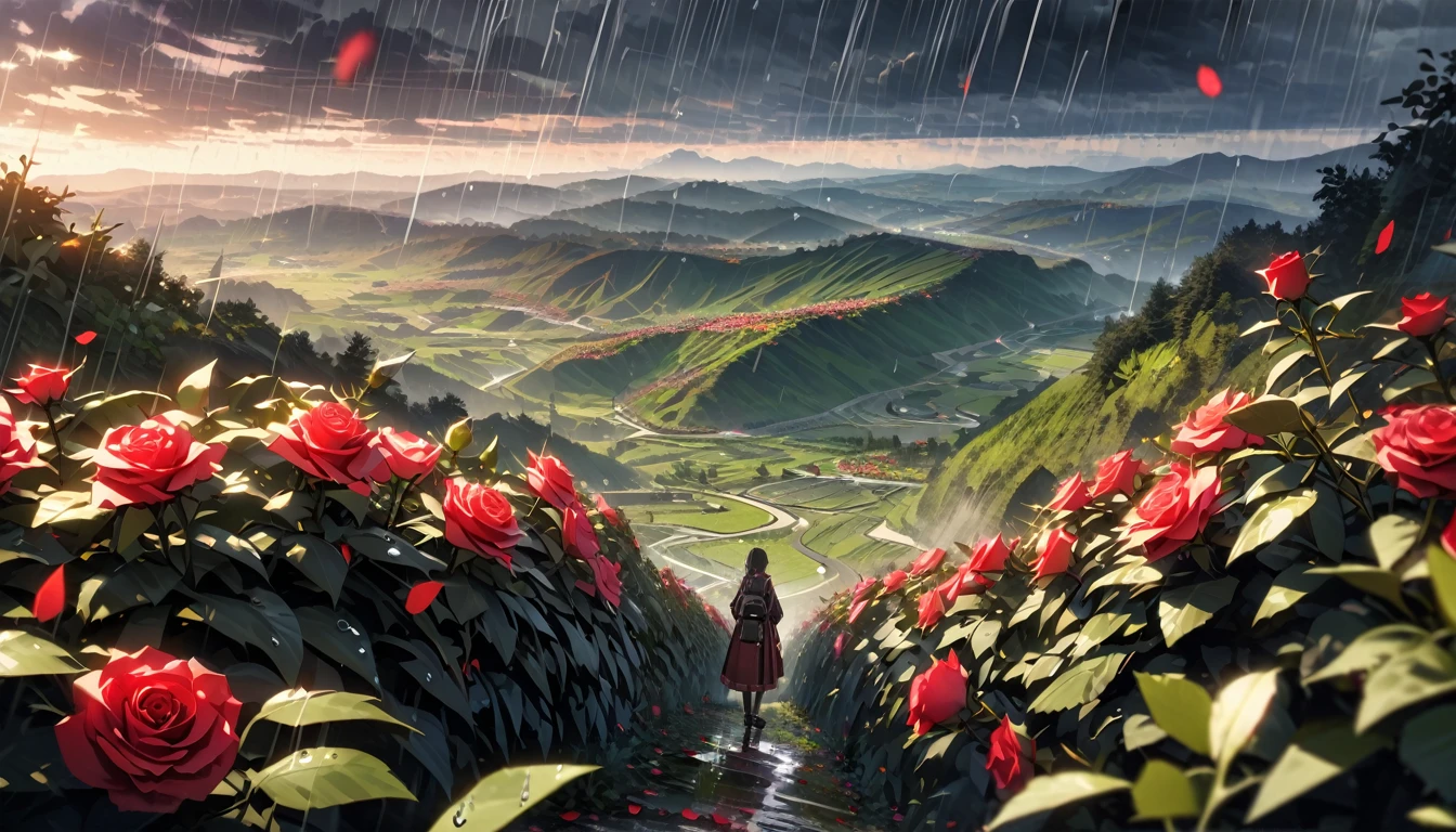  Beautiful, (a closeup of a), (red and green), (Rose flower, Focused on flowers, Lots of spikes, Surrounded by thorny vines, Raindrops on petals), morning, (Dark clouds, rain, raindrops in the air), (Valley in the background), wide shot, atmospheric perspective, perspective, Masterpiece, highres, HD, 4K, best quality, award winning, high quality, super detail, accurate, masterpiece, UHD