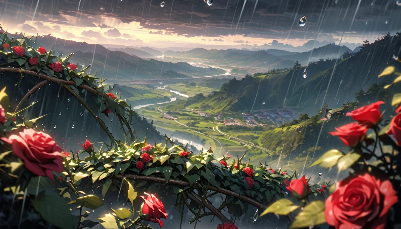 Beautiful, (a closeup of a), (red and green), (Rose flower, Focused on flowers, Lots of spikes, Surrounded by thorny vines, Raindrops on petals), morning, (Dark clouds, rain, raindrops in the air), (Valley in the background), wide shot, atmospheric perspective, perspective, Masterpiece, highres, HD, 4K, best quality, award winning, high quality, super detail, accurate, masterpiece, UHD