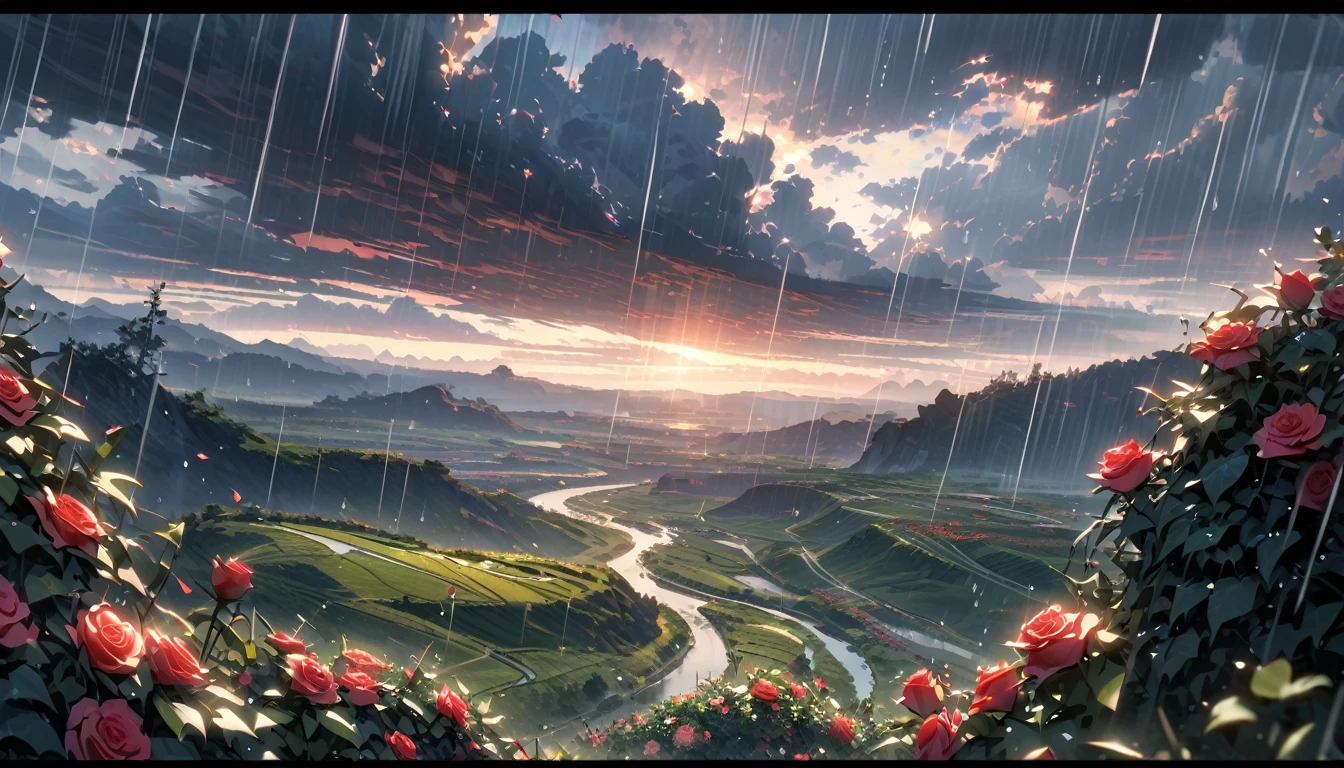  Beautiful, (a closeup of a), (red and green), (Rose flower, Focused on flowers, Lots of spikes, Surrounded by thorny vines, Raindrops on petals), morning, (Dark clouds, rain, raindrops in the air), (Valley in the background), wide shot, atmospheric perspective, perspective, Masterpiece, highres, HD, 4K, best quality, award winning, high quality, super detail, accurate, masterpiece, UHD