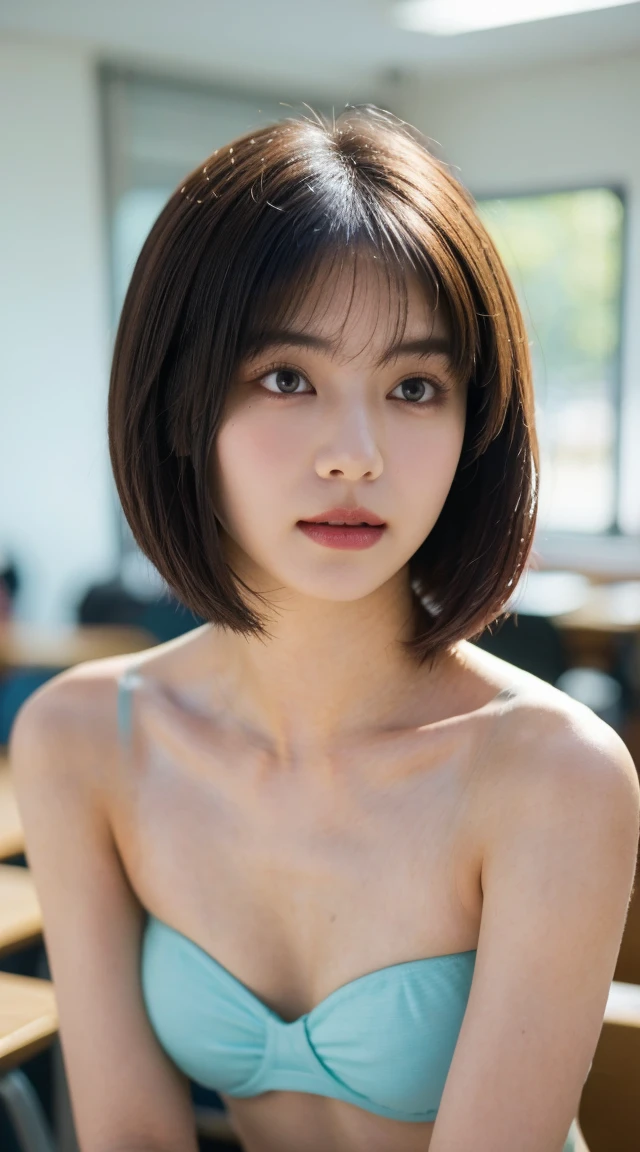 Tabletop, Highest quality, shape, Very detailed, finely, High resolution, 8k wallpaper, 完璧なダイナミックな構shape, Beautiful and exquisite,  Natural Lip, whole body, Navel exposure, front,Nipples、Shyness、Embarrassed expression、Large Breasts、Slightly sagging breasticro Bikini、Tube Top Bikini、Strapless、Cleavage、Bob Cut Hair、University classroom