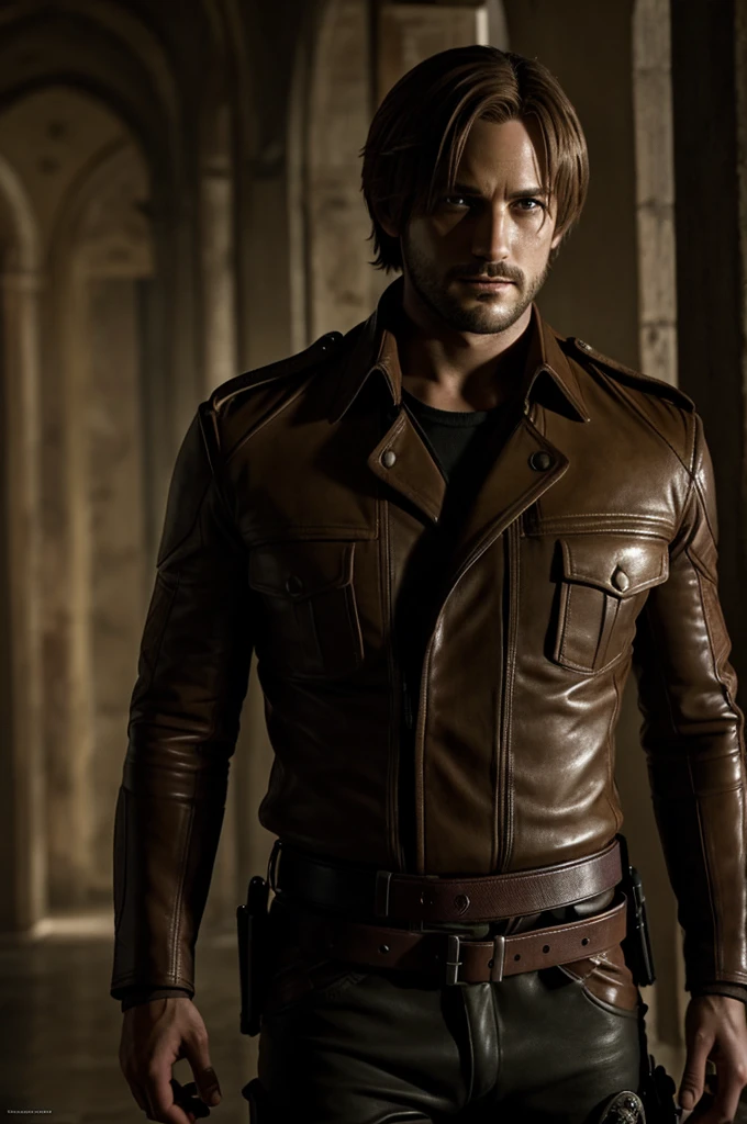 Leon Kennedy Resident Evil, hombre de rostro delgado con ///barbagrande\\\ Fornido, peinado bello y de libro.
