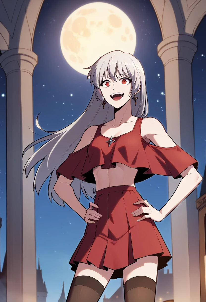 score_9, score_8_up, score_7_up,
AliceSMLN,
best quality, (masterpiece:1.2), detailed,, alice,open mouth, light smile,grey hair, long hair, red eyes,ballroom dress, red shirt, tank top, off shoulder, collarbone, earrings, pleated skirt, thighhighs,standing, looking at the viewer,indoors, night,vampire, (facing viewer:1.2), hands on own hips,
outdoors, darker, (night:1.2), moon, starry sky, castle, (dark:1.3)