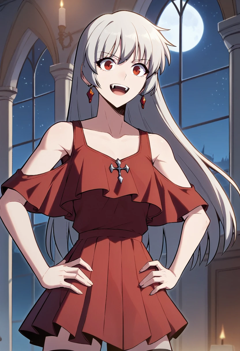 score_9, score_8_up, score_7_up,
AliceSMLN,
best quality, (masterpiece:1.2), detailed,, alice,open mouth, light smile,grey hair, long hair, red eyes,ballroom dress, red shirt, tank top, off shoulder, collarbone, earrings, pleated skirt, thighhighs,standing, looking at the viewer,indoors, night,vampire, (facing viewer:1.2), hands on own hips,
outdoors, darker, (night:1.2), moon, starry sky, castle, (dark:1.3)