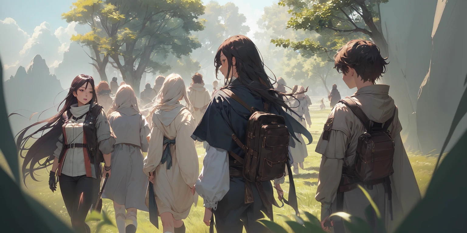 Man walking through a field々Group anime scenes of, Gweiz-style artwork, Artjam and Athi Gairan, guweiz on pixiv artstation, Guweiz on ArtStation Pixiv, guweiz and makoto shinkai, 2. 5d cgi anime fantasy artwork, Ross Tran. Landscape Background
