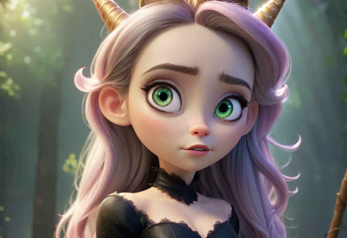 a wicked witch, ugly, cunning witch, girl with a unicorn horn, magic horn on a beautiful girl's head, Pixar style, (best quality,4k,8k,highres,masterpiece:1.2),ultra-detailed,(realistic,photorealistic,photo-realistic:1.37),extremely detailed eyes and face,longeyelashes,dramatic lighting,vivid colors,fantasy,intricate details
