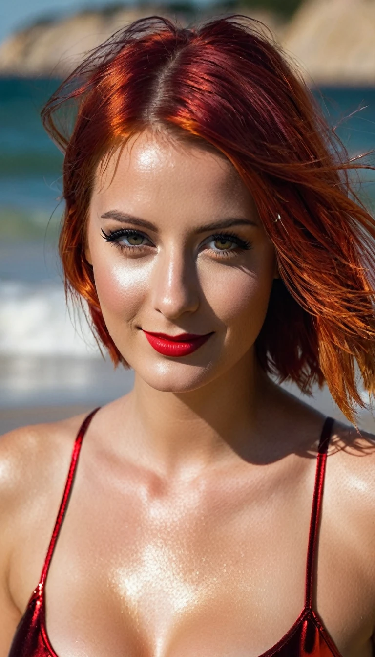 Portrait of a beautiful 25-year-old woman, rote bob haare, dark eye makeup with eyeliner, beautiful Germans, shiny metallic red and gold deepcut minidress, am strand, (heller sand, helles und lebendiges Licht: 1.2), shy smile, busty, tanned, soaky wet skin, nsfw