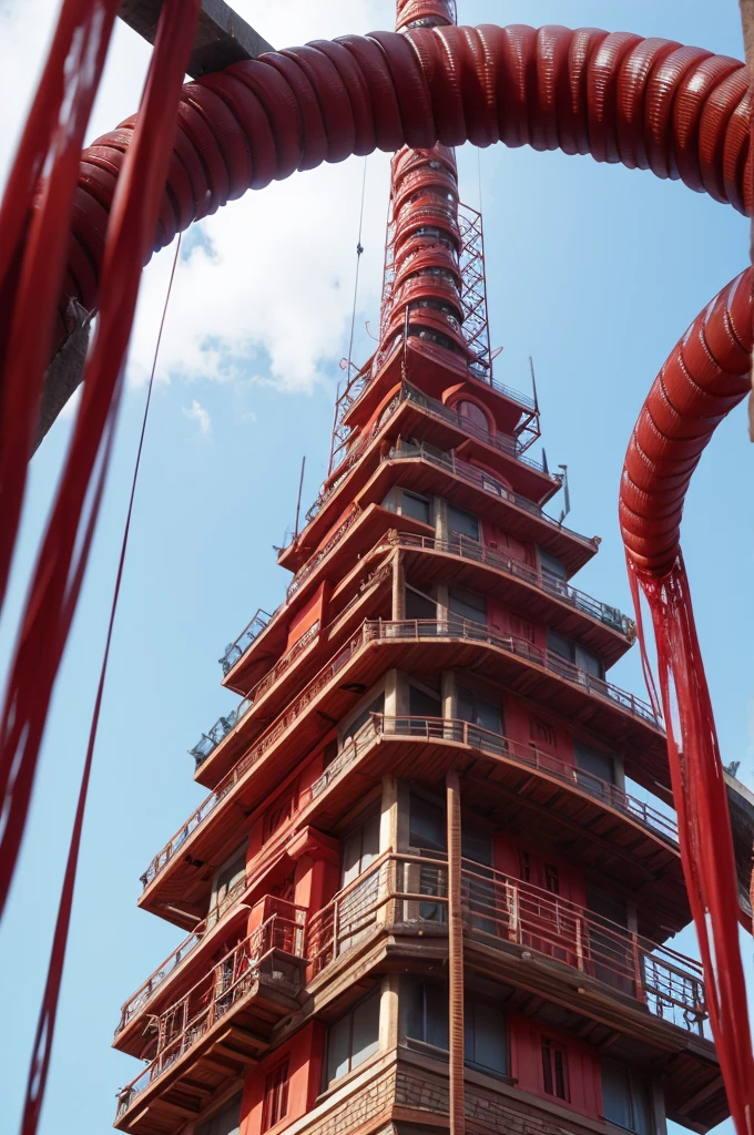 A noodle with red worms on top of a tower