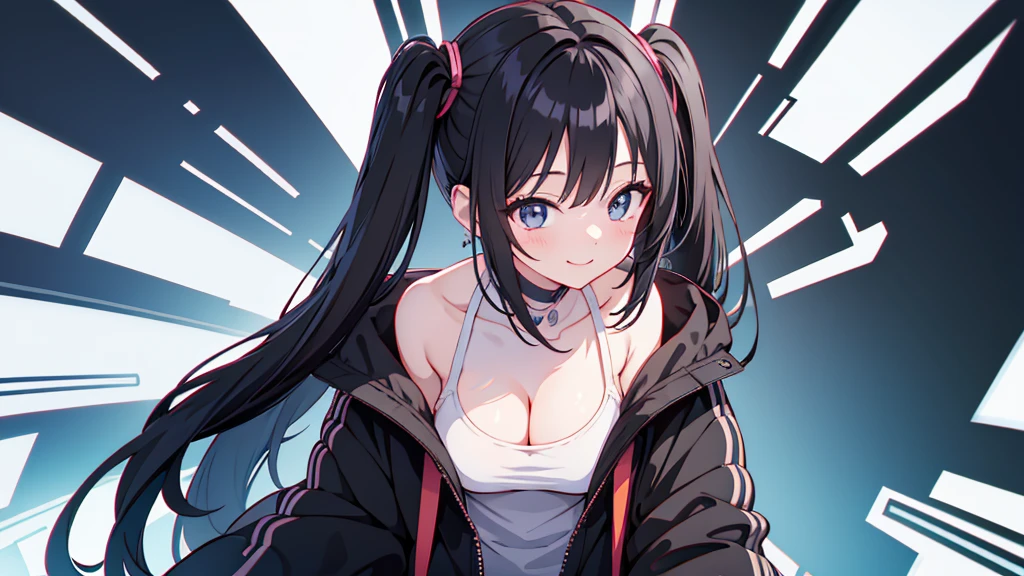 masterpiece,anime style,chibi,sexy girl,black hair,shoulder length hair with two pigtails,black jacket,with headphones,lo fi background,smiling,big breasts,listening to music,waiting on the right side of the image,
