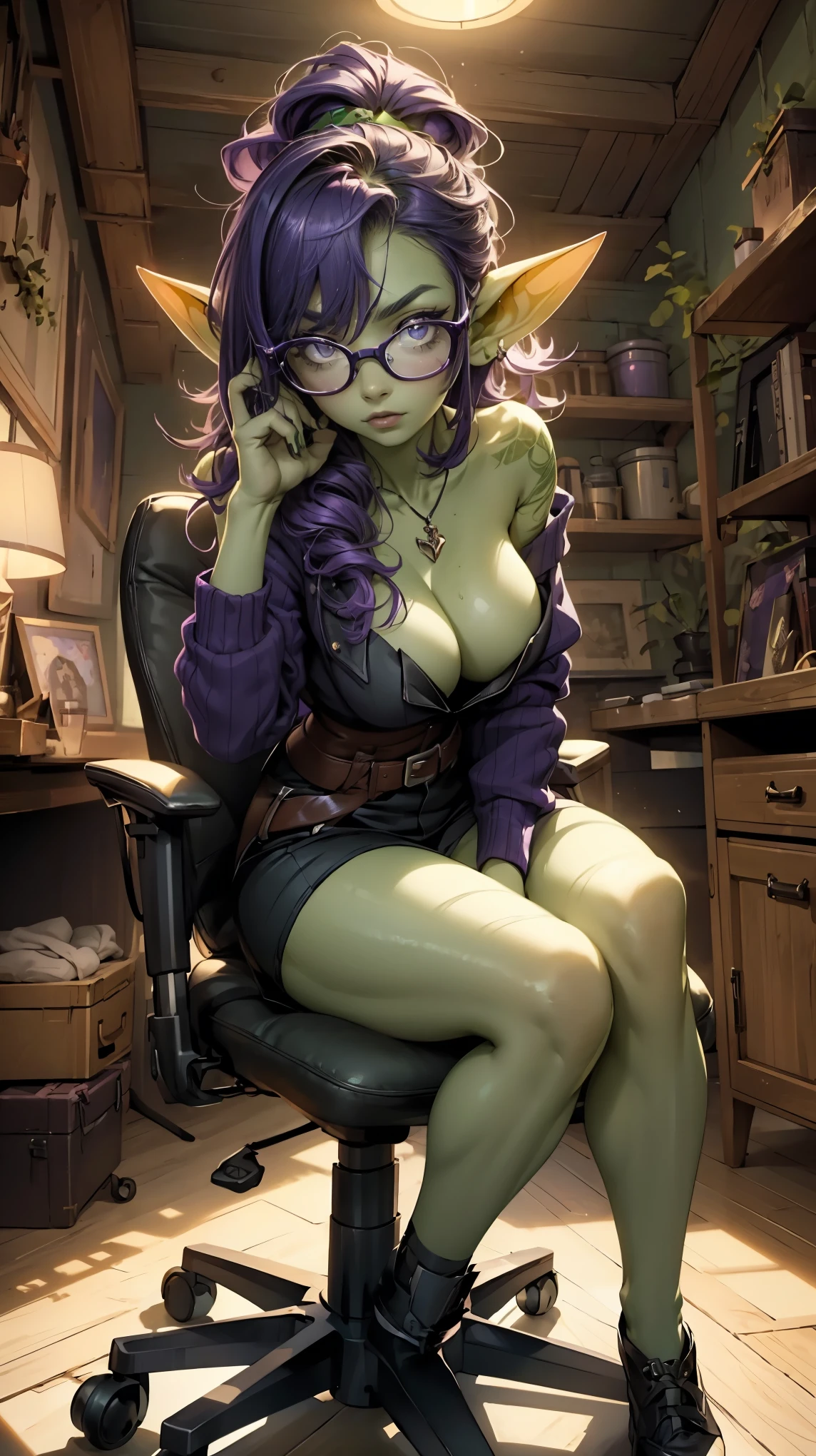 ((best quality)), ((masterpiece)), (detailed), goblin girl, (green skin), purple hair, shortstack, glasses, dynamic pose, cleavage, sitting in gamer chair, topless, sexy, romantic lighting, full body