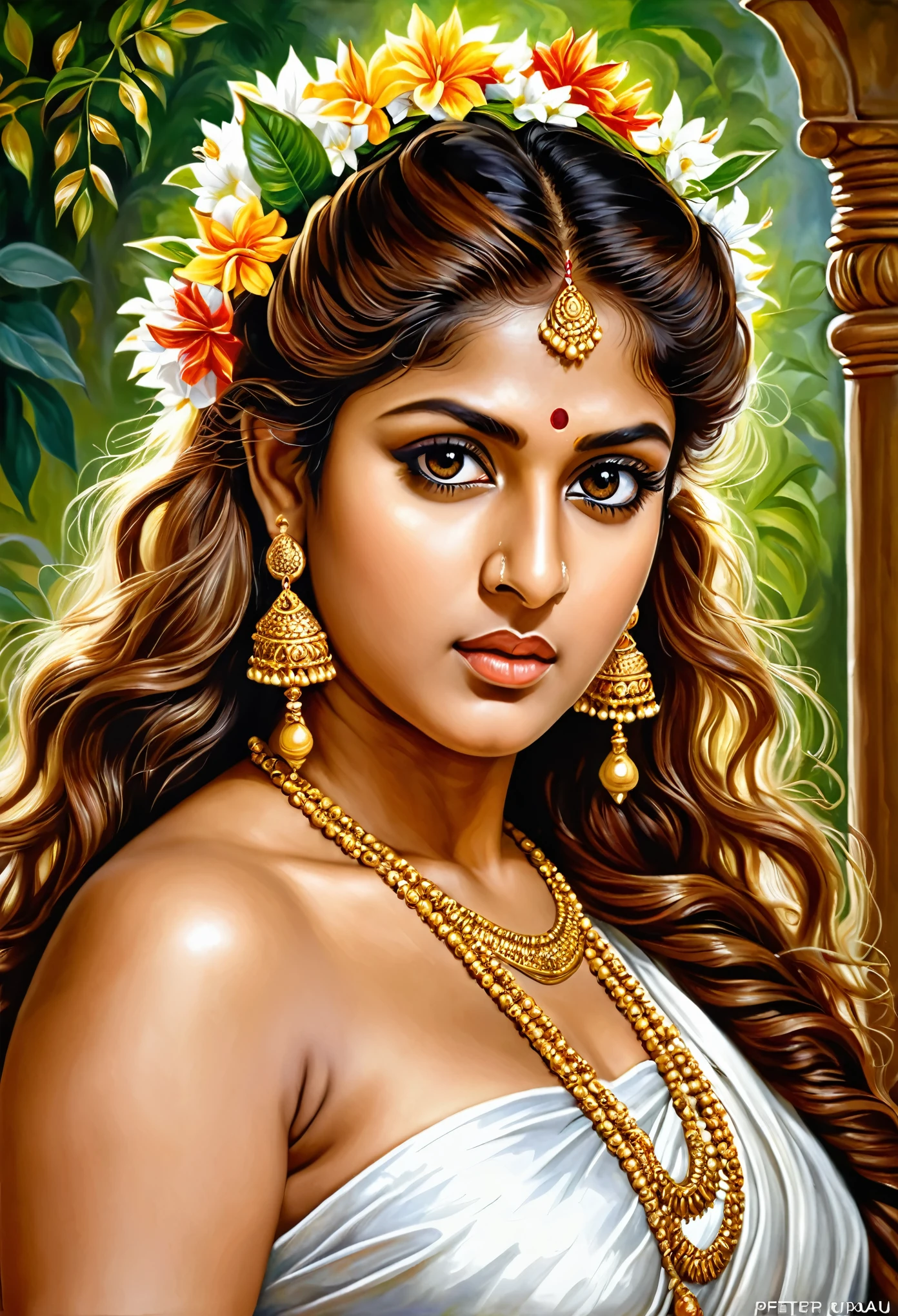 Looks like Nayanthara, exotic Indian art, oviyar maruthi style painting, Masterpiece, Beautiful Thick Woman, Best quality, high clarity eyes, critically flawless,sharp picture, Full portrait, High pixels, perfect face, perfect eyes, beautiful face, perfect hands,perfect fingers, in Peter Paul Rubens style, by Peter Paul Rubens, baroque style, acrylic on canvas, highly detailed, description: "Create a nymph inspired by the tales of Greek or Roman mythology, embodying the essence of a natural element or location, and possessing a unique ability or trait that sets her apart."