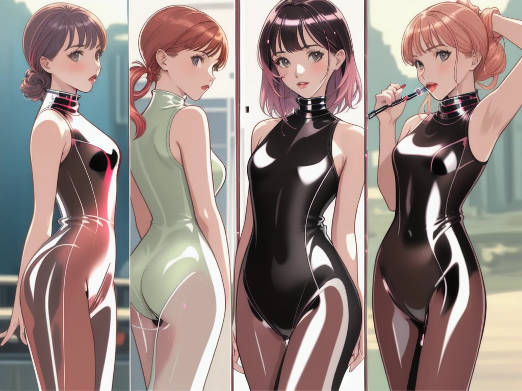 Best image quality, 8k, high quality, ((masterpiece)), (High detail), (((Perfect Anatomy, Perfect Style))), The background is a bit blurry, Depth of written boundary, Portraiture, Open Stance, (Mature Woman), (Cute illustrations:1.2), Poolside, (Multiple girls with different hair colors and styles:1.2), (Three Girls 1 person in the middle Others are on both sides), Approaching the camera Leg spread), (Dawn, Beautiful light, Professional Lighting, (Small breasts), (One-piece turtleneck bright color high leg ((Gloss:1.5)) Tight swimsuit), sexy, Dynamic pose, It's so much fun that I lose track of time while playing., smile, Dynamic Angle, ((Armpits:1.2)), barefoot, Photographed looking up from the ground Angle including the crotch、((The swimsuit is tight and shows off her body lines. Wrinkles are frequent:1.2))、Her whole body was wet and shiny like she'd been oiled.、cumulonimbus, Contrail, The blue sky spreads, Outdoor school pool、 The sunlight pours down and reflects off the swimsuit, making it sparkle.、 bright