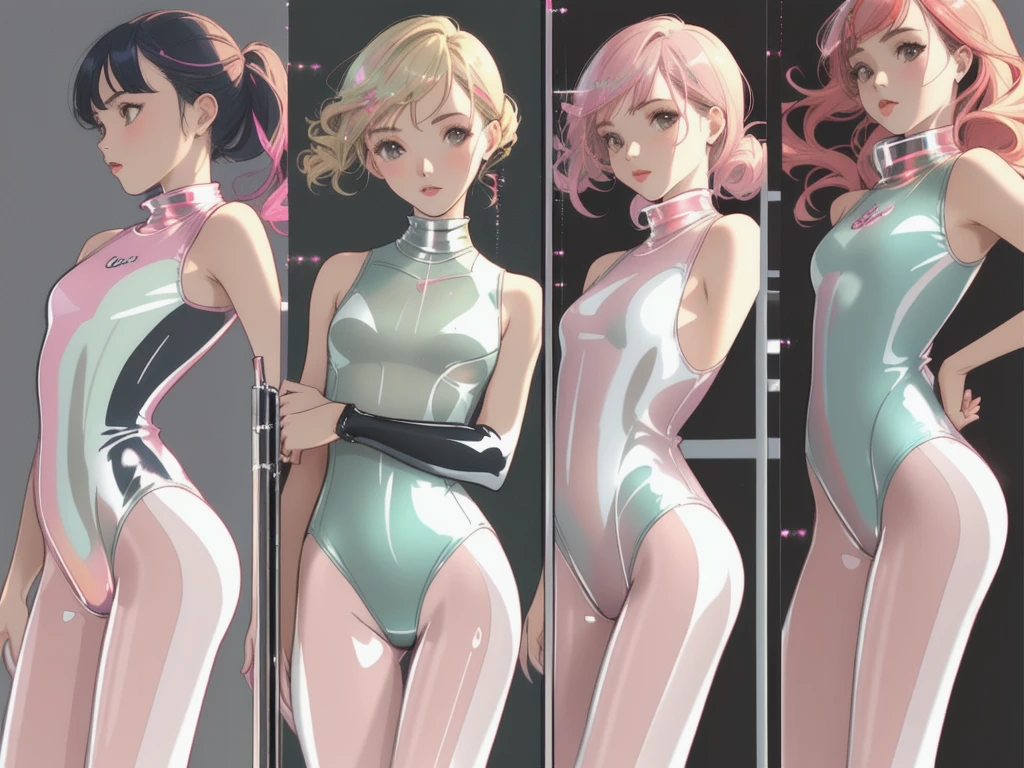 Best image quality, 8k, high quality, ((masterpiece)), (High detail), (((Perfect Anatomy, Perfect Style))), The background is a bit blurry, Depth of written boundary, Portraiture, Open Stance, (Mature Woman), (Cute illustrations:1.2), Poolside, (Multiple girls with different hair colors and styles:1.2), (Three Girls 1 person in the middle Others are on both sides), Approaching the camera Leg spread), (Dawn, Beautiful light, Professional Lighting, (Small breasts), (One-piece turtleneck bright color high leg ((Gloss:1.5)) Tight swimsuit), sexy, Dynamic pose, It's so much fun that I lose track of time while playing., smile, Dynamic Angle, ((Armpits:1.2)), barefoot, Photographed looking up from the ground Angle including the crotch、((The swimsuit is tight and shows off her body lines. Wrinkles are frequent:1.2))、Her whole body was wet and shiny like she'd been oiled.、cumulonimbus, Contrail, The blue sky spreads, Outdoor school pool、 The sunlight pours down and reflects off the swimsuit, making it sparkle.、 bright