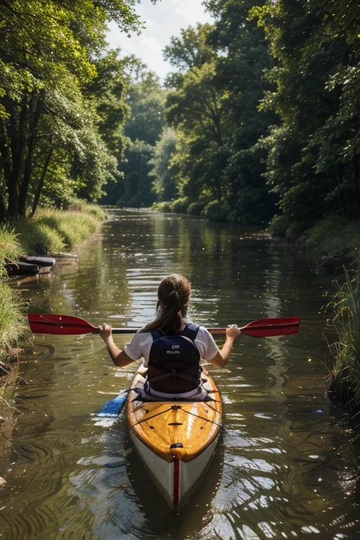 ((Best quality)), ((masterpiece)), (detailed), a girl rows a kayak with a double-sided oar from us along a narrow river with banks overgrown with grass and trees on a sunny day.