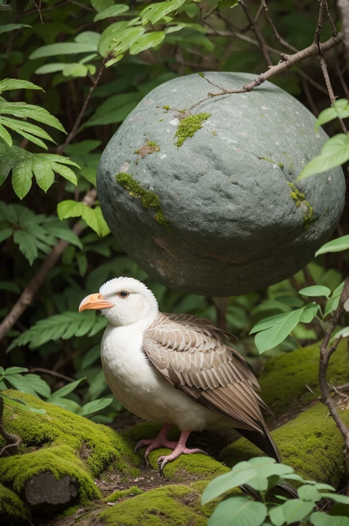 Uma galinha de pedra em uma floresta