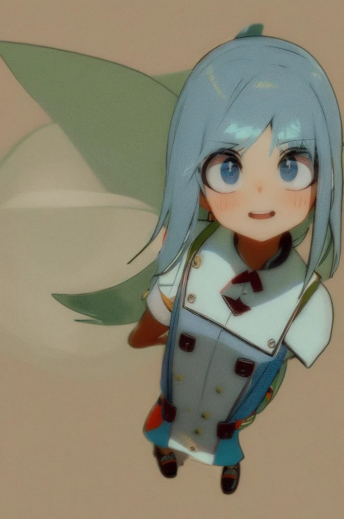 Crea. Una chica con tez clara y ojos color azules amatista,de cabello azul largo, estilo Boku No Hero Aacademi , saco gris con verde y falda igualmente verde, con las mallas negras y zapatos escolares cafes, mirada seria pero adorable, altura 1.69{{1 chica}}
