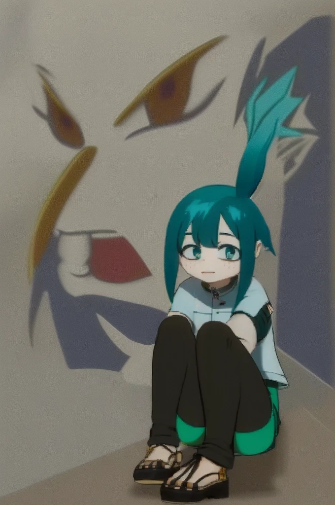 Crea. Una chica con tez clara y ojos color azules amatista,de cabello azul largo, estilo Boku No Hero Aacademi , saco gris con verde y falda igualmente verde, con las mallas negras y zapatos escolares cafes, mirada seria pero adorable, altura 1.69{{1 chica}}