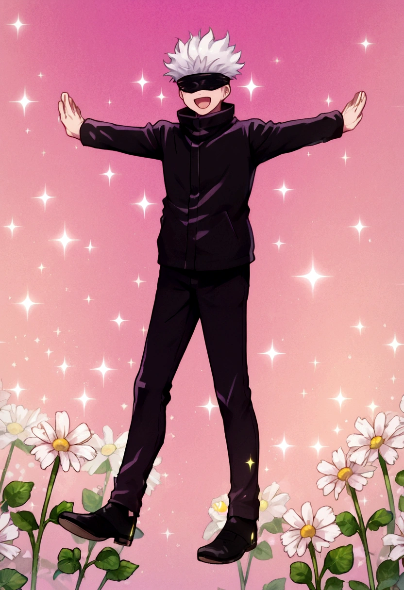 score_9, score_8_up, score_7_up, SatoruGojo, solo, smile, short hair, open mouth, long sleeves, 1boy, jacket, full body, flower, :d, male focus, shoes, pants, black footwear, black jacket, sparkle, black pants, pink background, outstretched arms, white flower, facing viewer, blindfold, spread arms, funny