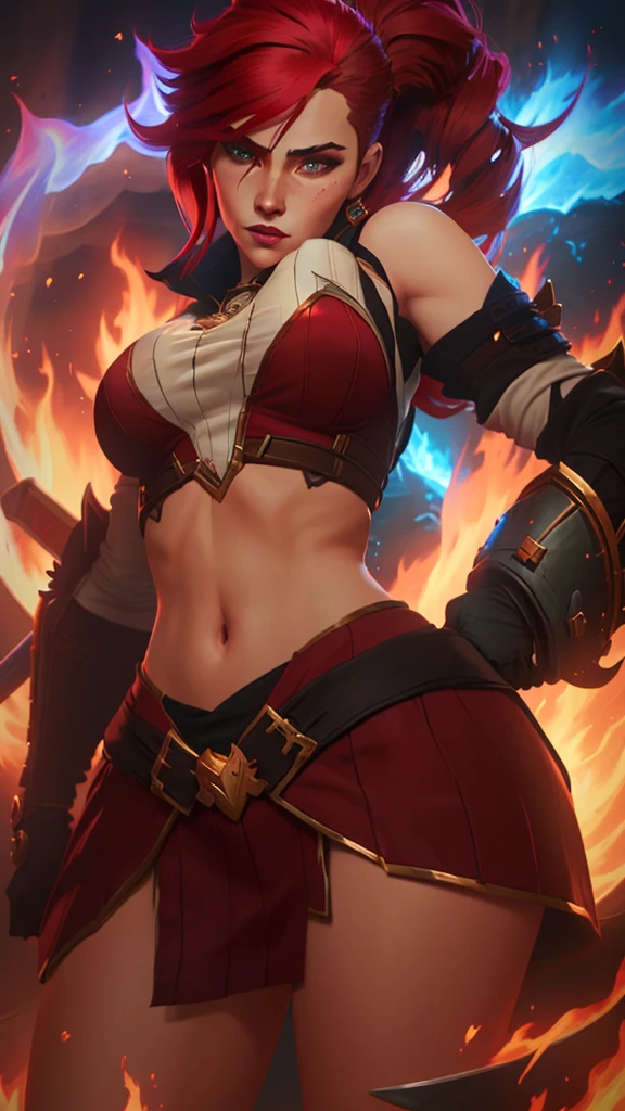 a close up of a woman with a sword and a fire in the background, alexstrasza, extremely detailed artgerm, miss fortune, brigitte from overwatch, katarina, miss fortune league of legends, brigitte, deviantart artstation cgscosiety, inspired by rossdraws, redhead queen in heavy red armor, wlop and rossdraws
