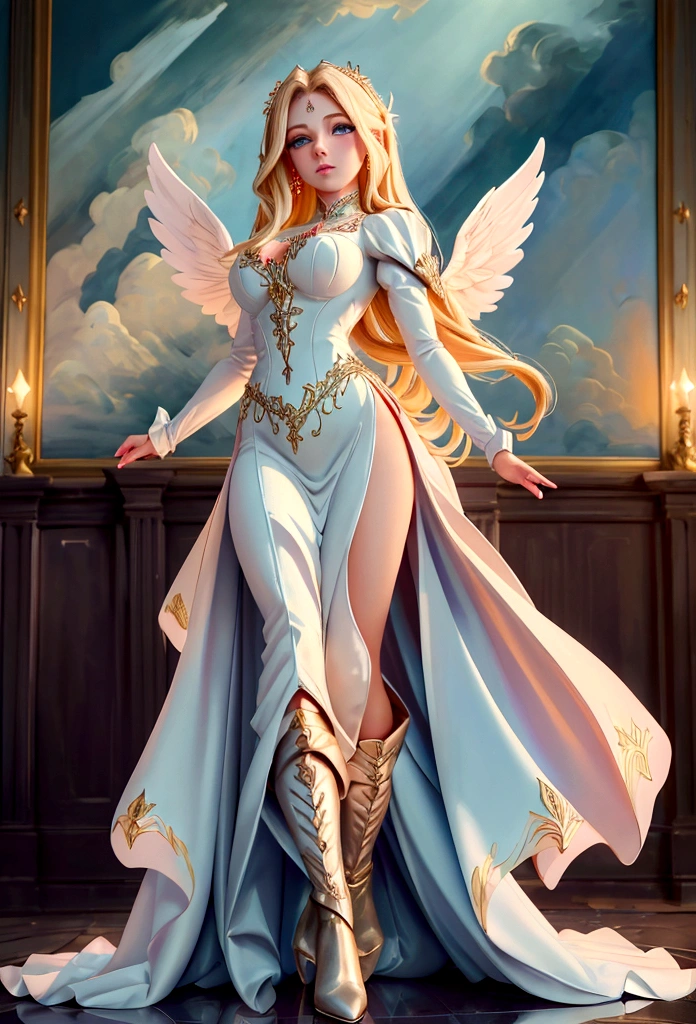 Arafed, a picture of a female angel in high society prom event, divine beautiful female angel, blond hair, long hair, flowing hair, the hair glows in a soft light, cerulean eyes, deep light eyes, divine beautiful face, folded white feather wings, she wears a ((red evening dress: 1.2)), elegant, intricate detailed dress, silk dress, she wears elegant knee high heeled boots, exquisite high heeled boots, she stands on the porch of a fantasy castle, dynamic angle, soft torch light, (Masterpiece: 1.5), 16k, highres, best quality, high details, ultra detailed, masterpiece, best quality, (extremely detailed), AngelStyle, GlowingRunesAI_paleblue, angel_wings