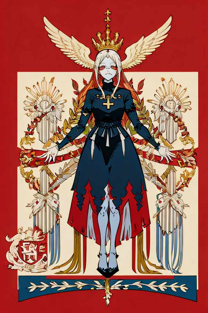 flagmaker, medieval knight group, the flag representing Crucifixus, Experrectus, Reanimatus or The Crucified, The Awakened, And The Reanimated, the colors consisting of black, red, white, and silver. includes a white skull with red eyes to represent The reanimated. includes an angel to represent the Awakened, and includes a bloody cross to represent the Crucified.