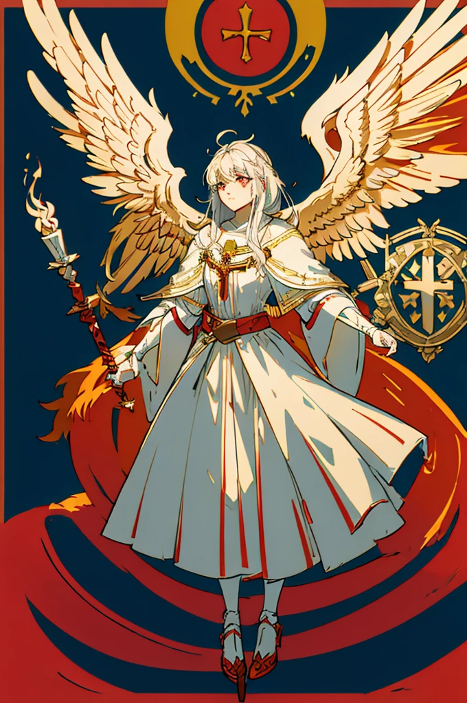 flagmaker, medieval knight group, the flag representing Crucifixus, Experrectus, Reanimatus or The Crucified, The Awakened, And The Reanimated, the colors consisting of black, red, white, and silver. includes a white skull with red eyes to represent The reanimated. includes an angel to represent the Awakened, and includes a bloody cross to represent the Crucified.