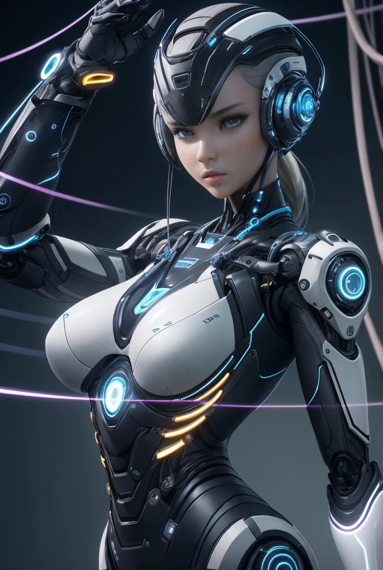 Robot bionique intelligent、FEMMES、Cyborg robot parts、the electric cables、electronic chips、studio lumineux、Hyperphotoréalisme、very detailed、intricate details、Soft lighting、feux de jante、rendu par octane、Rendus Unreal Engine 5、Style d'mechanical public enemy、8k、Superior quality、chef d'oeuvre、ISO faible、balance des blancs、High-end lighting、Crée une sensation douce et gracieuse avec une faible profondeur de champ,超Une haute résolution,Big tit machine,cyberpunk,Mohawk blond.Connected to a large number of cables,En cours de réalisation,