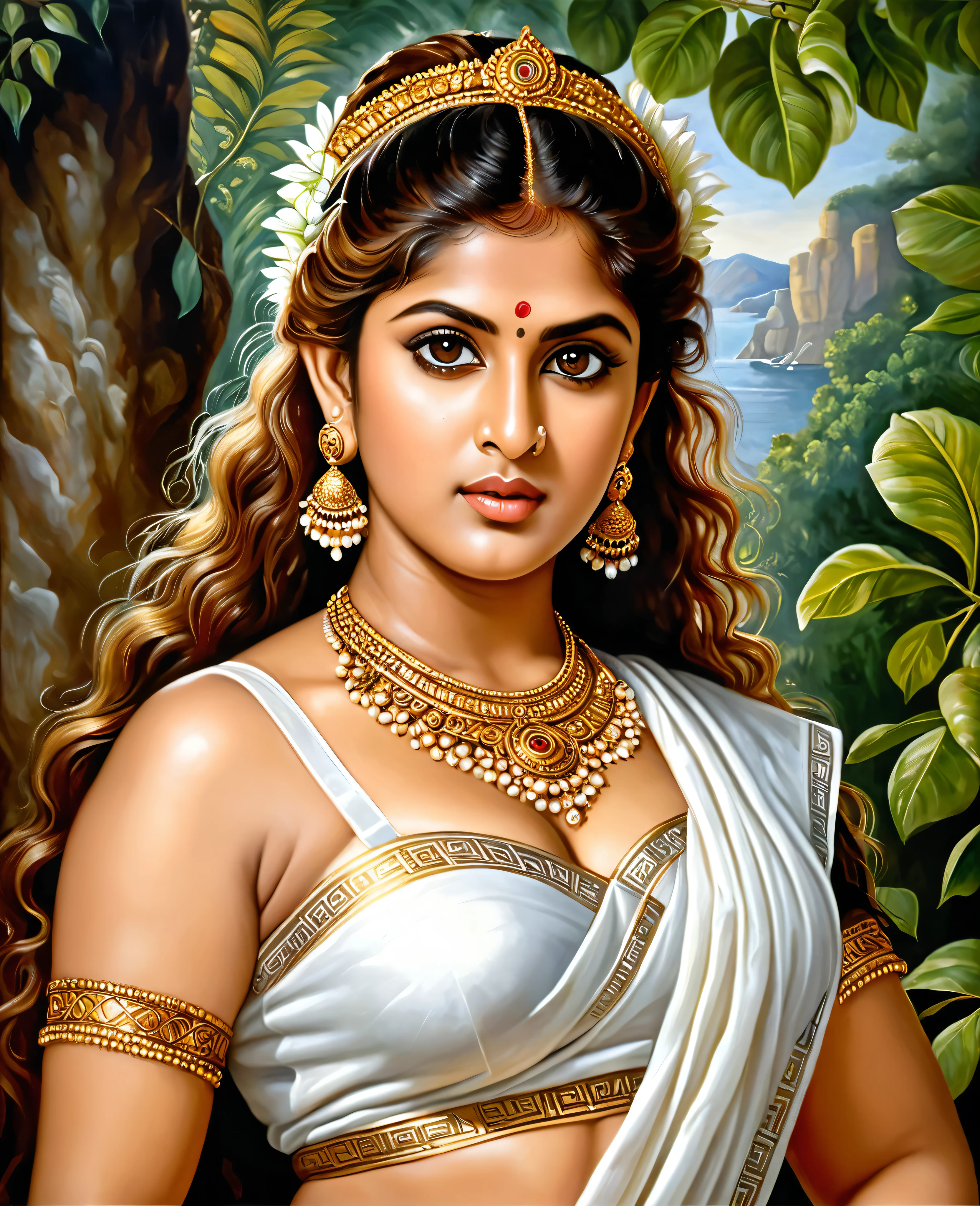 Looks like Nayanthara, exotic Indian art, oviyar maruthi style painting, Masterpiece, Beautiful Thick Woman, Best quality, high clarity eyes, critically flawless,sharp picture, Full portrait, High pixels, perfect face, perfect eyes, beautiful face, perfect hands,perfect fingers, in Peter Paul Rubens style, by Peter Paul Rubens, baroque style, acrylic on canvas, highly detailed, description: "Create a nymph inspired by the tales of Greek or Roman mythology, embodying the essence of a natural element or location, and possessing a unique ability or trait that sets her apart."