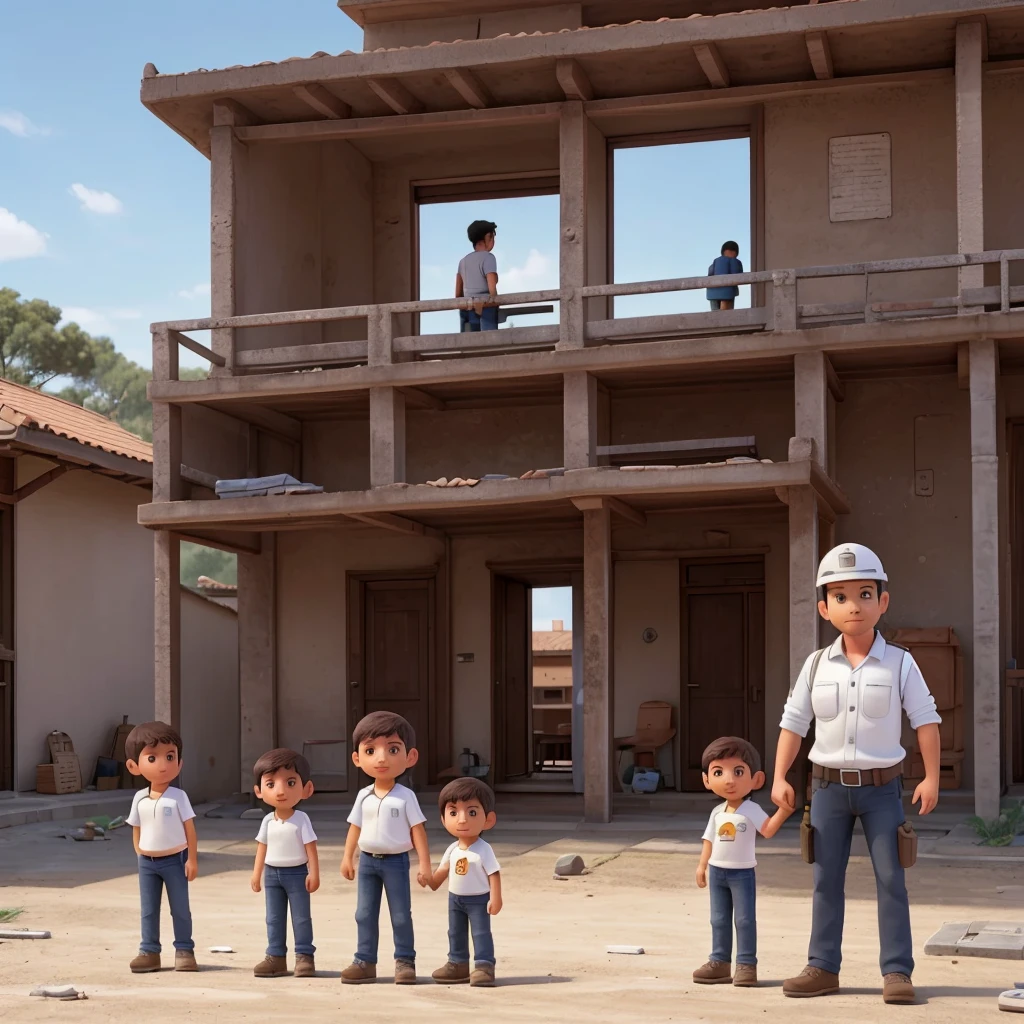 Ingeniero civil con casco blanco y abrazando a sus hijos