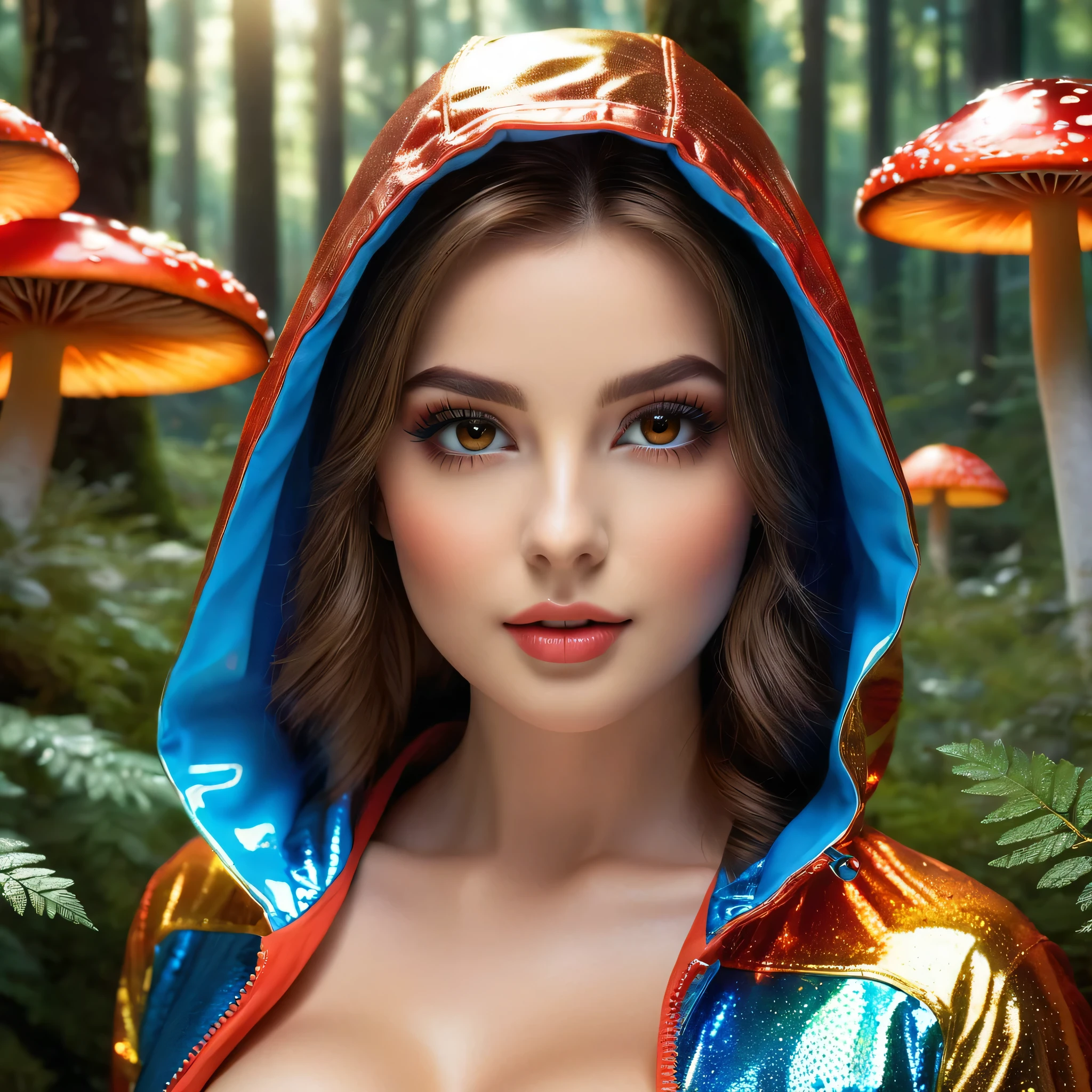((Photo from upper body to thigh: 1.4)), (intricately detailed portrait: 1.15), ((best soft studio lighting: 1.2)), (1girl: 1.3, 14 years), photorealistic Realism 16K Quality, ultra resolution, (high quality skin with realistic texture), (high quality hair with realistic texture), ((brown hair, (combed on one side), ultra detailed: 1.32)), ((perfect proportions)),((anatomically correct)), (((firm and full breasts: 1.22))), (intricately detailed beautiful face), (light pale complexion), (intricately detailed beautiful face), (light pale complexion) BREAK ((ultra absurd quality, extremely detailed detail, ultra resolution, clear sharp focus, not blurry, (Realistic brown_eyes:1.25)), ((perfect dark_eyeshadows:1.25)), (super Detailed, beautiful little nose:1.2), break ((highly elaborate, extravagant microscopic streetwear: 1.2)), transparent colored PVC (super shiny transparent fluorescent hologram colorful soft PVC suit: 1.28), Ultra tight bodysuit with reflective surfaces, on top worn an ultra short red zip up jacket with a hood on the head))), ((in a fairy tale forest with big trees, small bushes and glowing mushrooms))