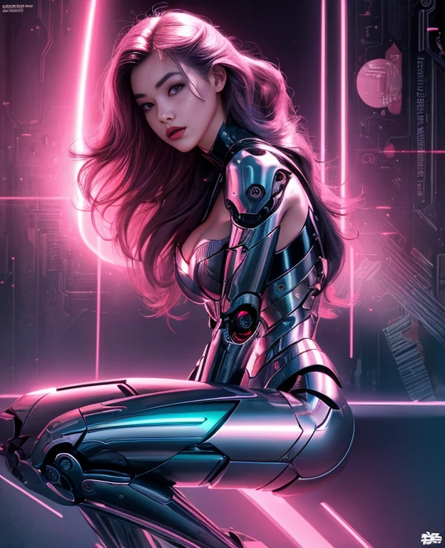Feminine cyborg, magazine cover, poster art , hint of vibrant, bold sexy text