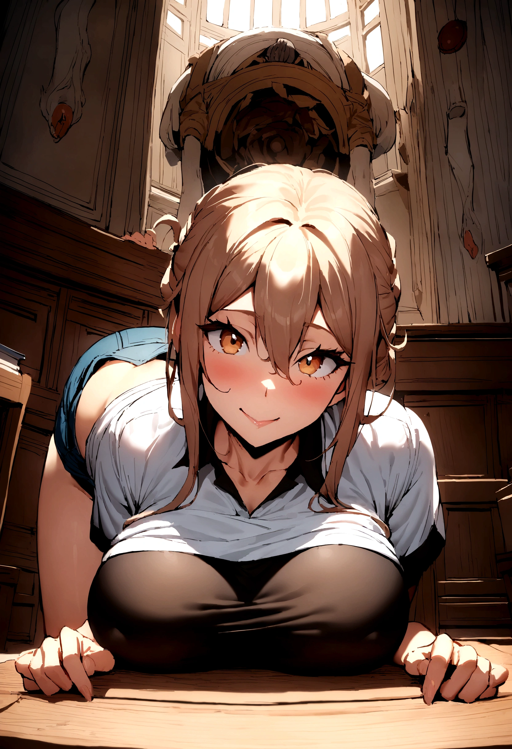 Big breasts，droop，sideways，Sideways to the camera，bend over，shirt，student，enthusiasm