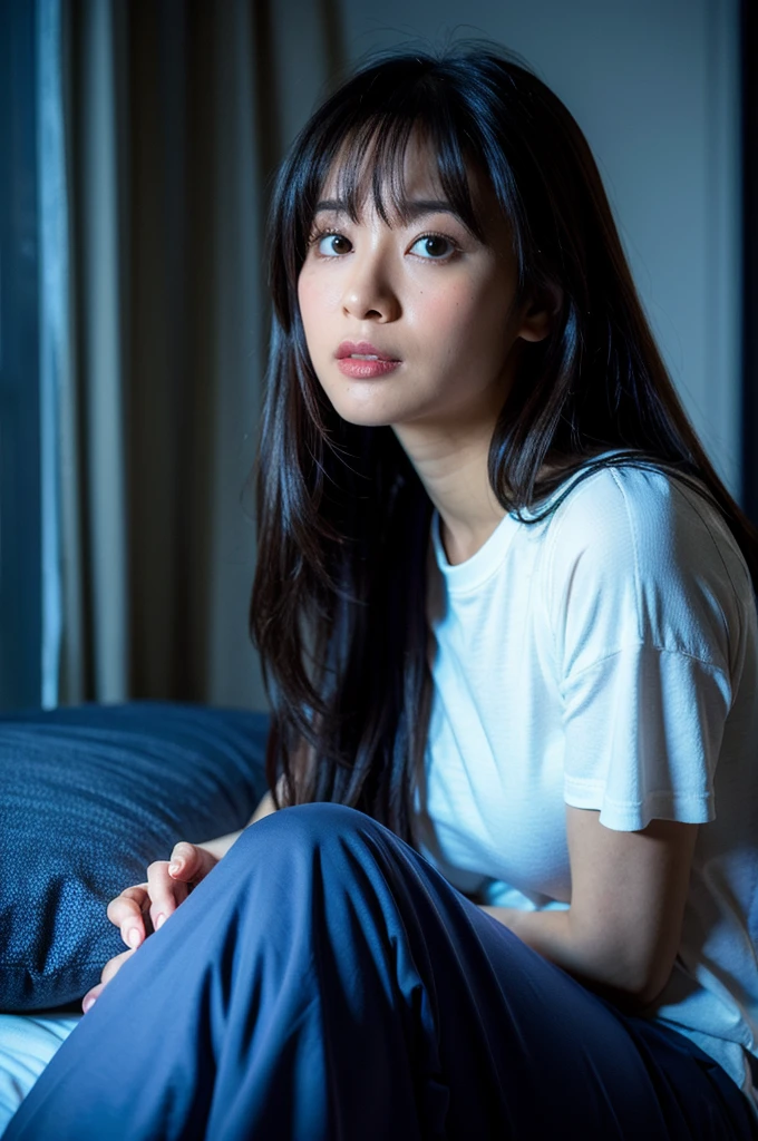 Highest quality, Ultra-high resolution, (Realistic:1.4), RAW Photos,(Night room),((darkness)),((midnight)),moonlight,((looking to the side)),
1 Japanese woman, 40 years old, Beautiful face in every detail,(High resolution detail of human skin texture),The bedroom with the lights off and a little moonlight visible,Fantasy,
(Long Hair)diagonal bangs,,Lying in her pajamas made of soft cotton in pale colors, the woman looks out the bedroom window at a single twinkling star in the night sky, gazing up at it with a longing look on her face.,その姿は儚くて透明な空気感がありFantasyでとても美しい物語のようです。
